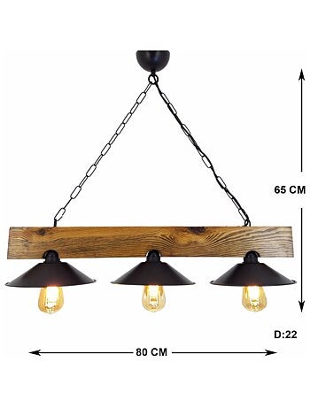 ENOLA Suspension rustique 3 lampes bois et noire