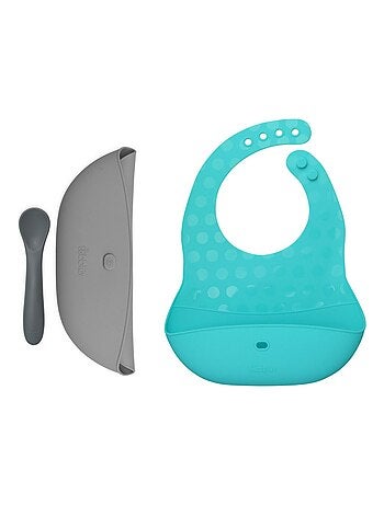 Ensemble 2 bavoirs et cuillère en silicone Pöket aqua et grey - Kiabi
