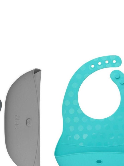 Ensemble 2 bavoirs et cuillère en silicone Pöket aqua et grey - Kiabi