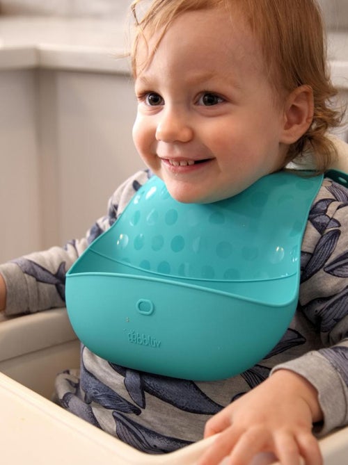 Ensemble 2 bavoirs et cuillère en silicone Pöket aqua et grey - Kiabi