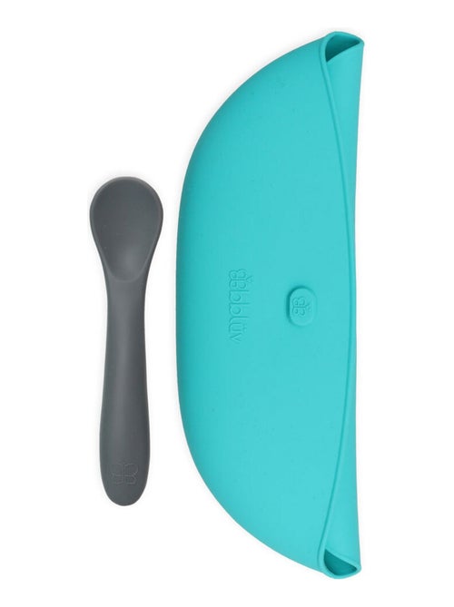 Ensemble 2 bavoirs et cuillère en silicone Pöket aqua et grey - Kiabi