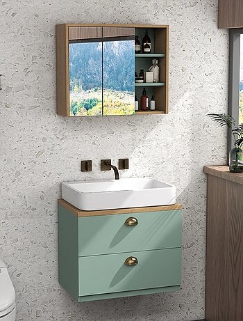Ensemble 2 meubles de salle de bain aspect bois clair vert