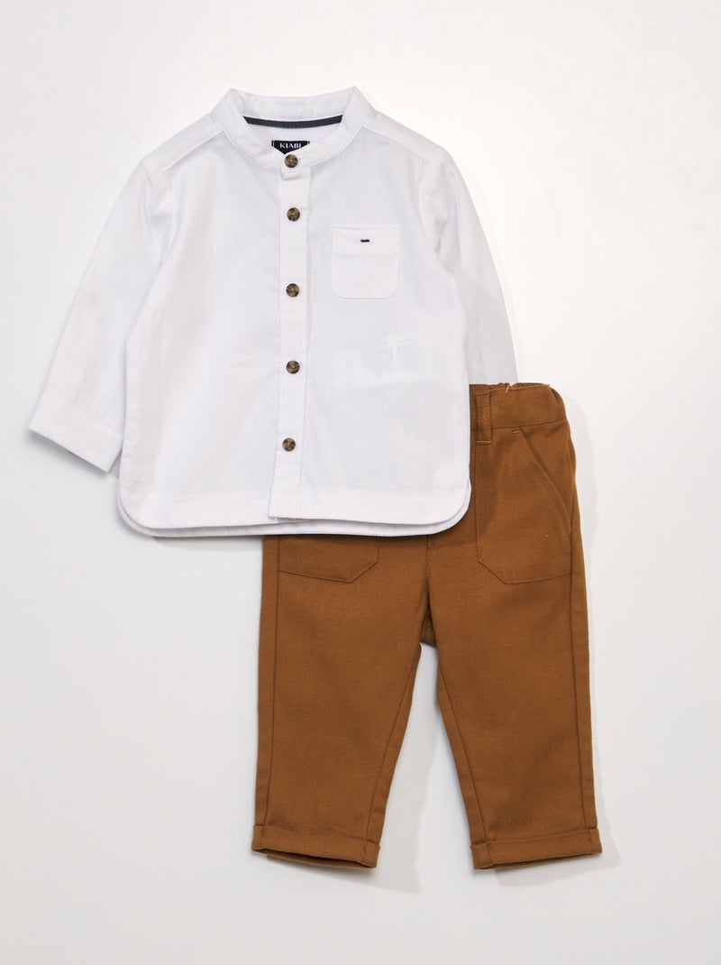 Ensemble 2 pièces - Chemise col mao + pantalon chino Blanc/marron - Kiabi