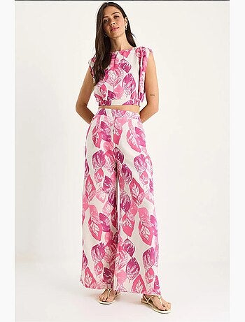 Ensemble 2 pièces lin à motifs, chemisier court et pantalon large lucci