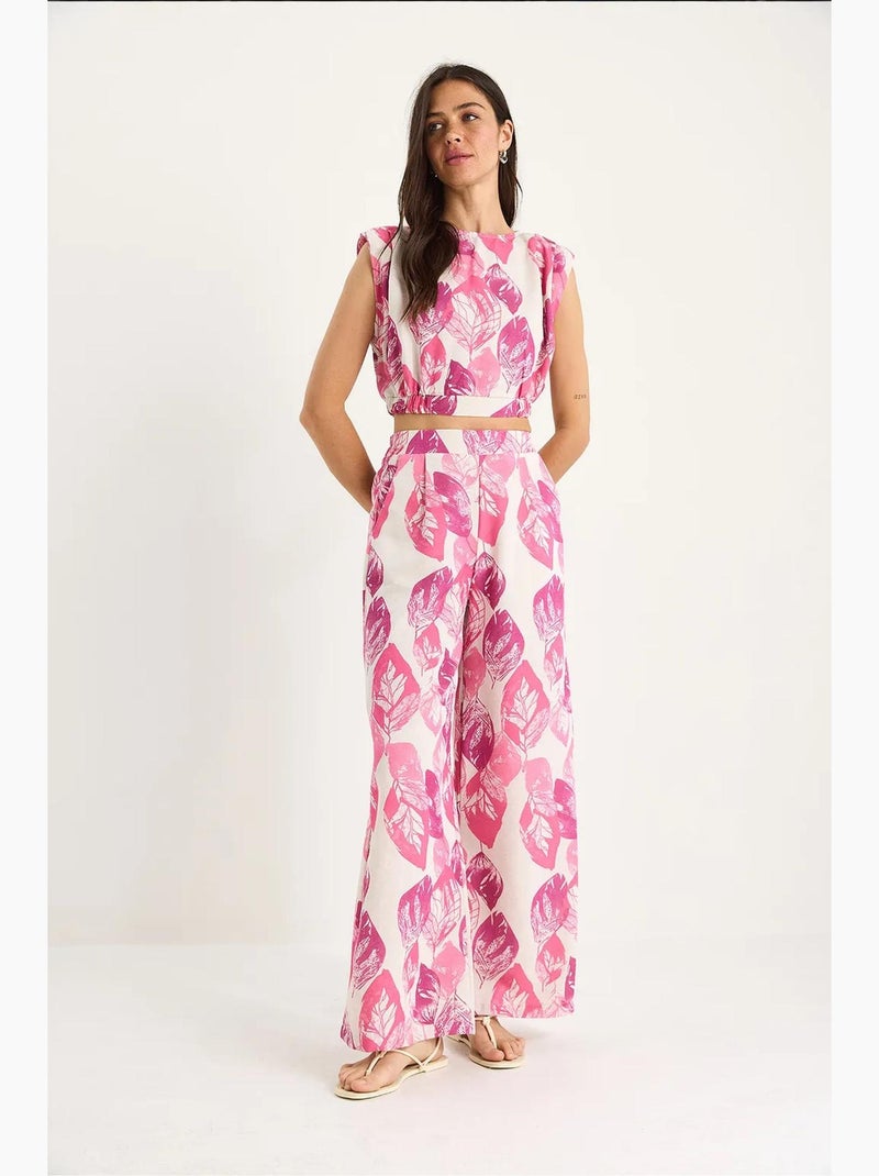 Ensemble 2 pièces lin à motifs, chemisier court et pantalon large lucci Rose fluo/Solinotes - Kiabi