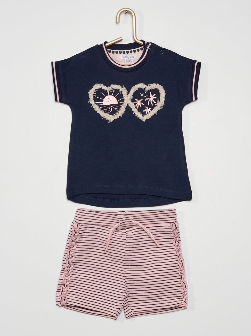 Ensemble 2 pièces Tee-shirt + short bleu marine/rose - Kiabi