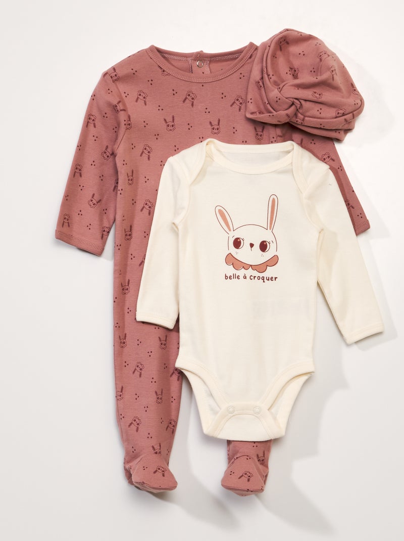 Ensemble 3 pièces body + pyjama + bonnet Rose - Kiabi