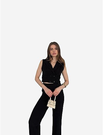 Ensemble à jambes larges à col en v boutonné taille haute my fashion