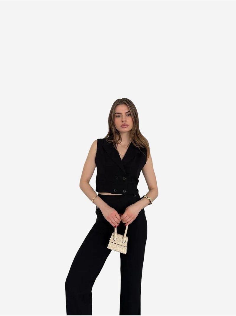 Ensemble à jambes larges à col en v boutonné taille haute my fashion Noir - Kiabi