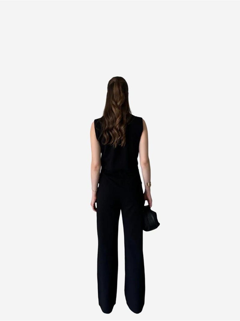 Ensemble à jambes larges à col en v boutonné taille haute my fashion Noir - Kiabi