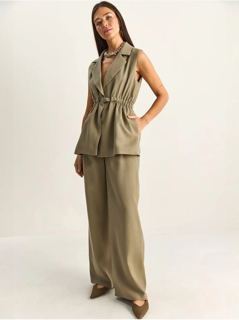 Ensemble à jambes larges taille haute avec col de veste lucci Kaki - Kiabi