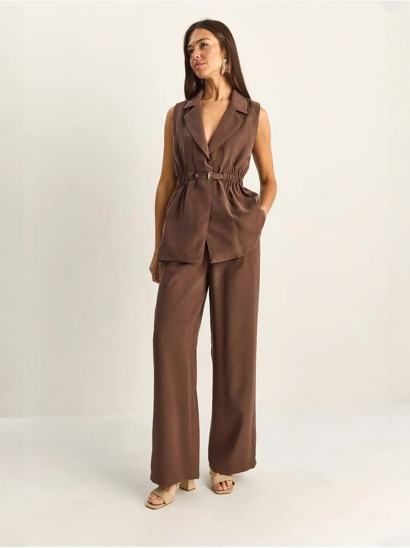 Ensemble à jambes larges taille haute avec col de veste lucci Marron chocolat - Kiabi