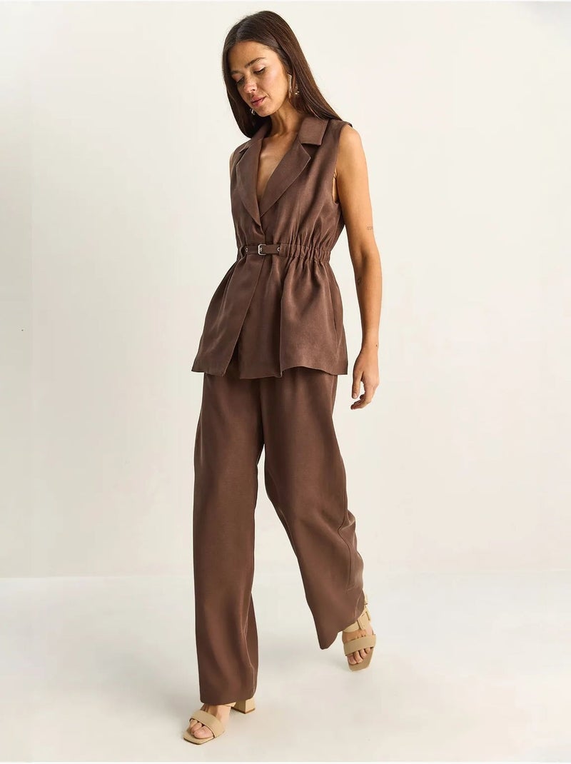 Ensemble à jambes larges taille haute avec col de veste lucci Marron chocolat - Kiabi