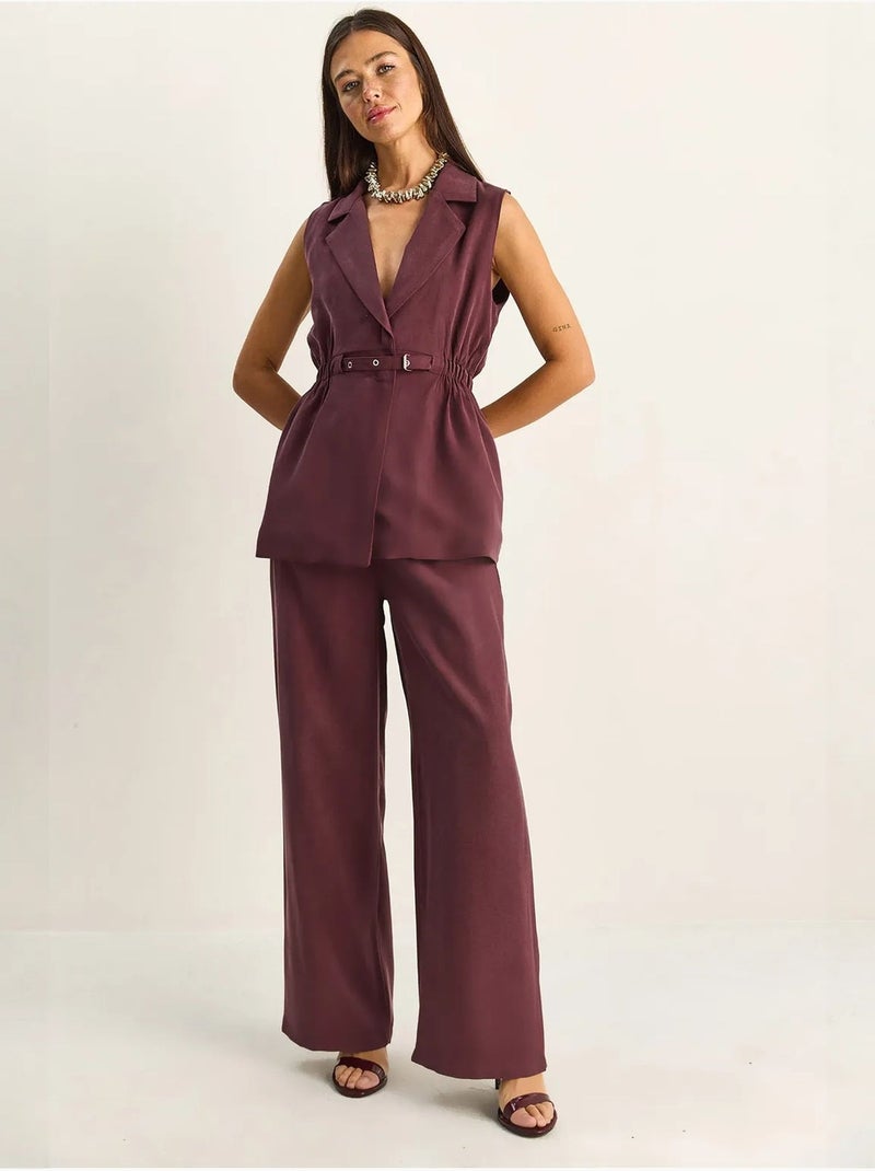 Ensemble à jambes larges taille haute avec col de veste lucci Mauve - Kiabi