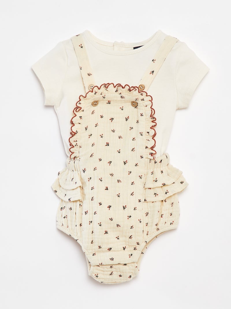 Ensemble barboteuse avec salopette + tee-shirt Crème - Kiabi