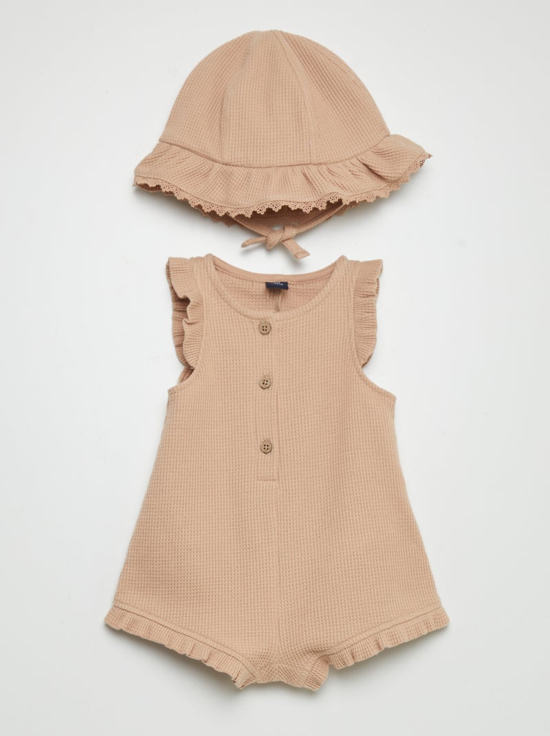 Ensemble barboteuse + bob en nid d'abeille Beige - Kiabi
