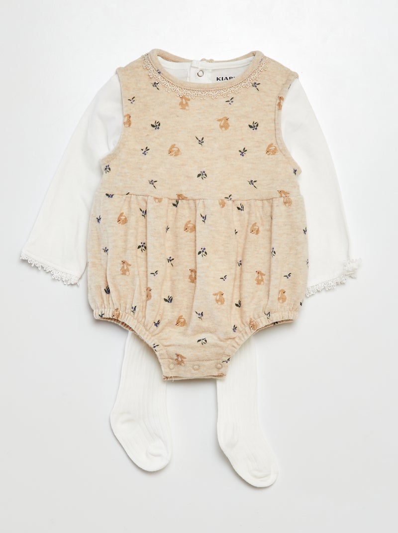Ensemble barboteuse + collants + t-shirt - 3 pièces BEIGE - Kiabi