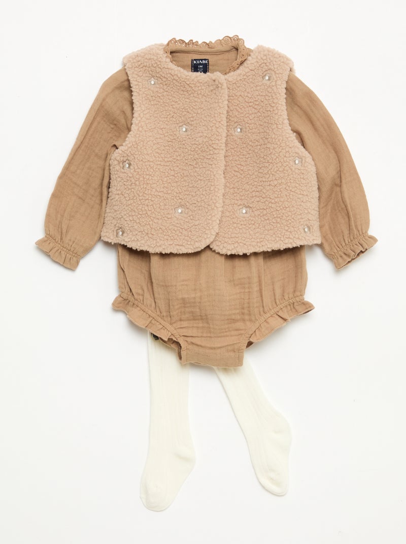 Ensemble barboteuse + gilet + collants Beige - Kiabi