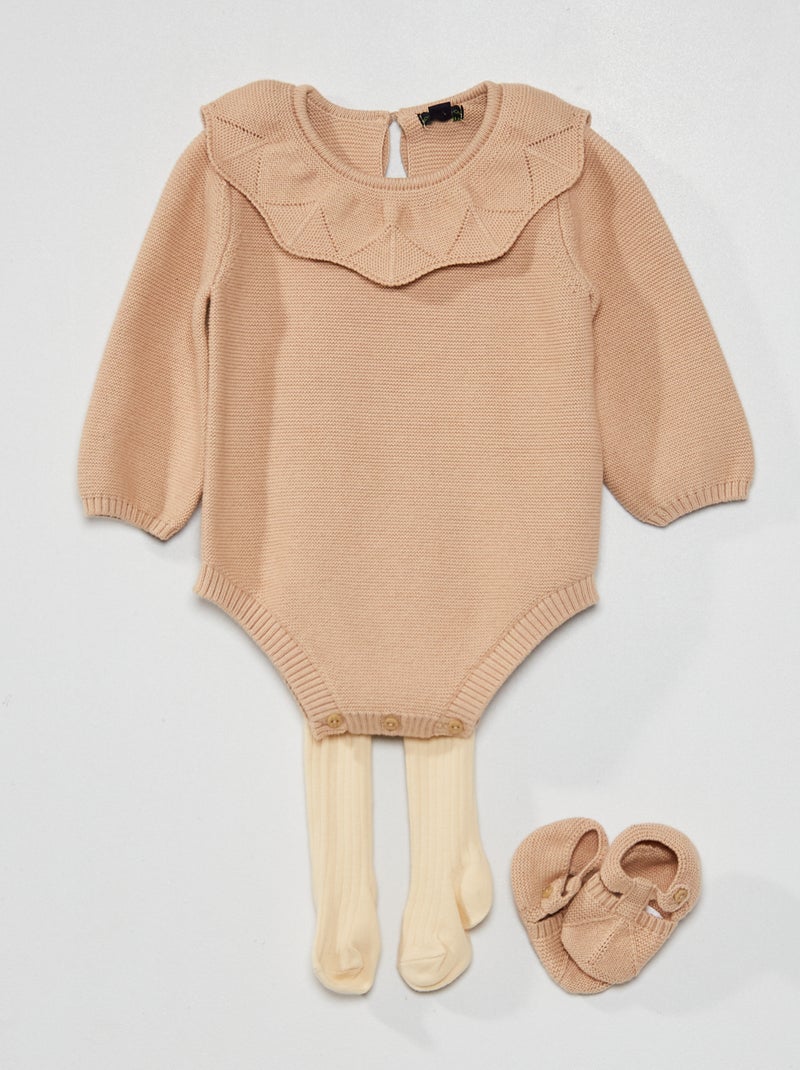 Ensemble barboteuse tricot + collants + chaussons Beige - Kiabi