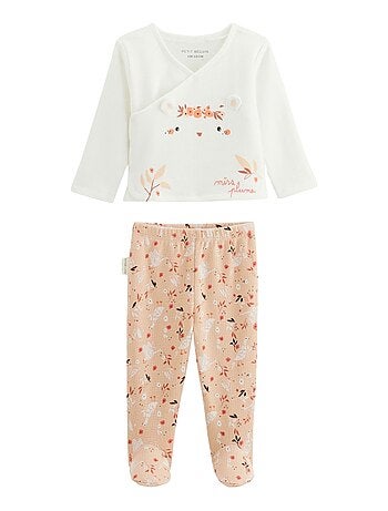 Ensemble b?b? gilet et pantalon en coton nid d'abeille Miss Plume