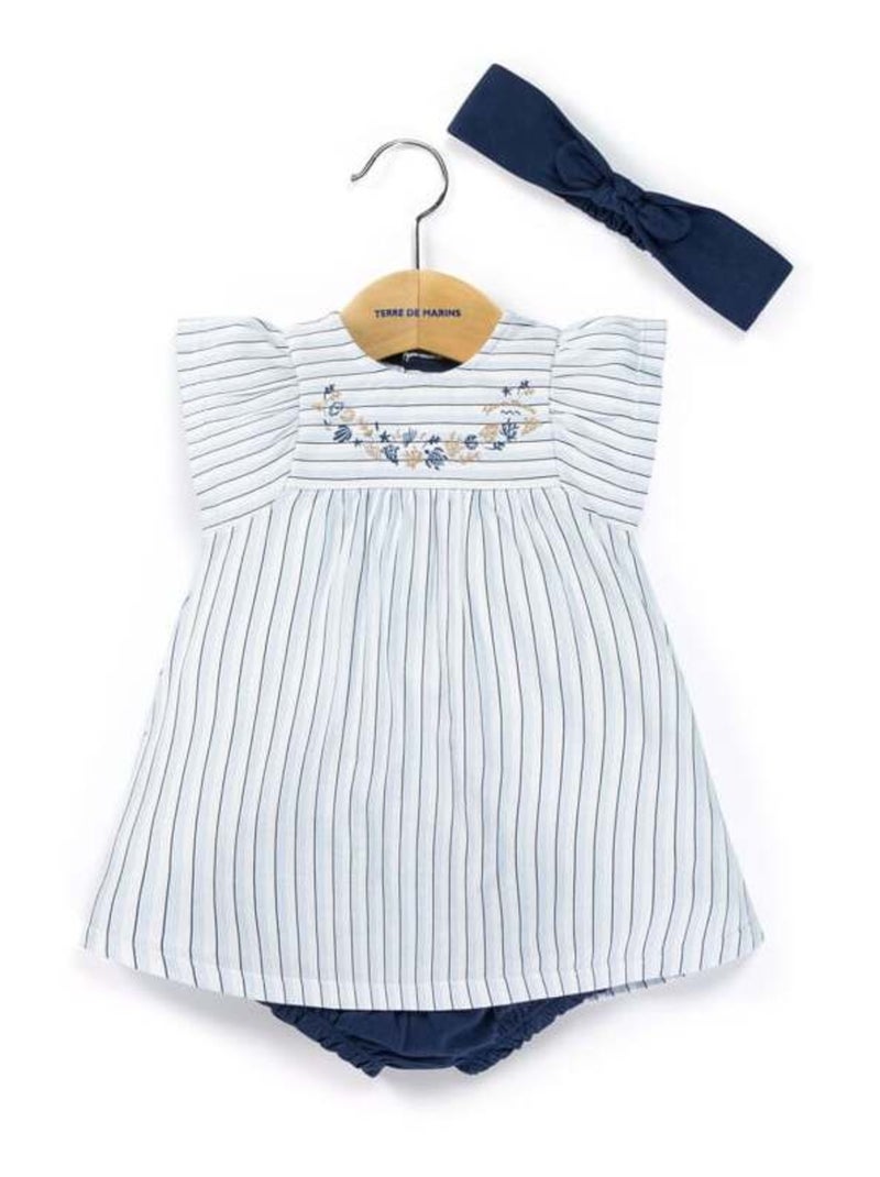 Ensemble Bébé robe + bloomer + bandeau Blanc Bleu - Kiabi