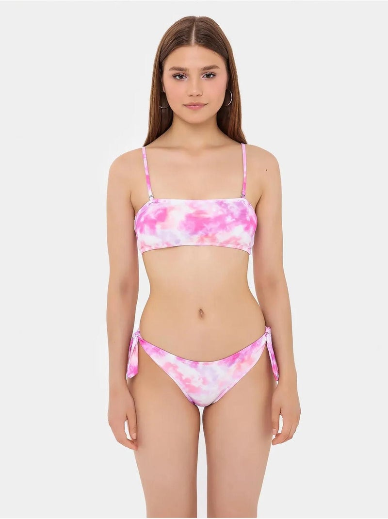 Ensemble bikini bandeau tie-dye noué sur le côté Rose - Kiabi