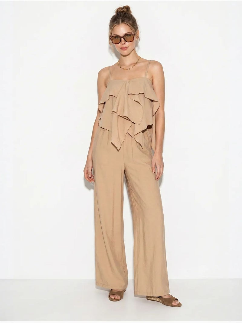 Ensemble blouse bustier et pantalon large à volants lucci Beige argile - Kiabi
