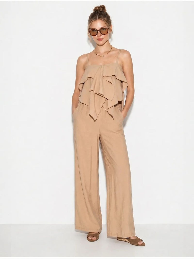 Ensemble blouse bustier et pantalon large à volants lucci Beige argile - Kiabi