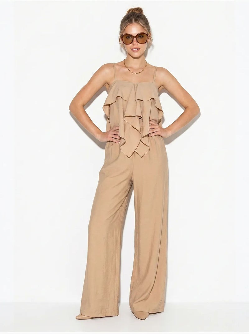 Ensemble blouse bustier et pantalon large à volants lucci Beige argile - Kiabi