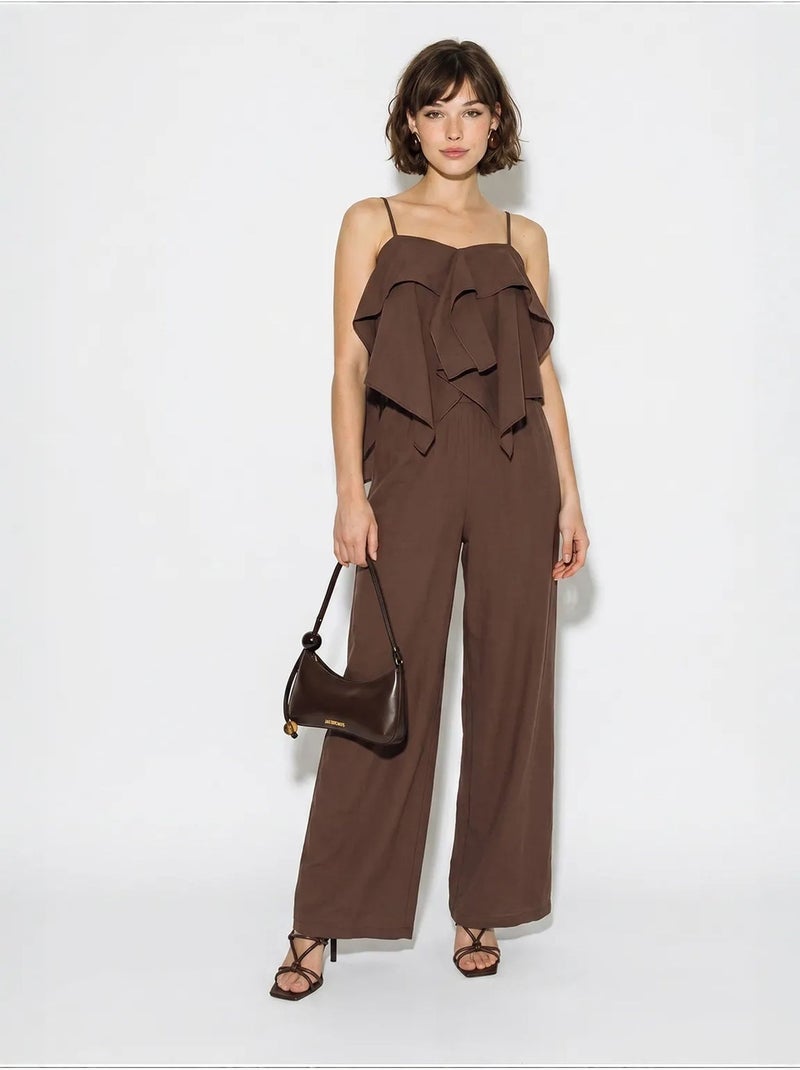Ensemble blouse bustier et pantalon large à volants lucci Marron chocolat - Kiabi