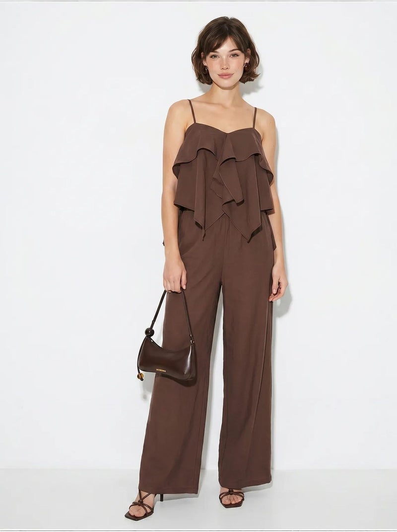 Ensemble blouse bustier et pantalon large à volants lucci Marron chocolat - Kiabi