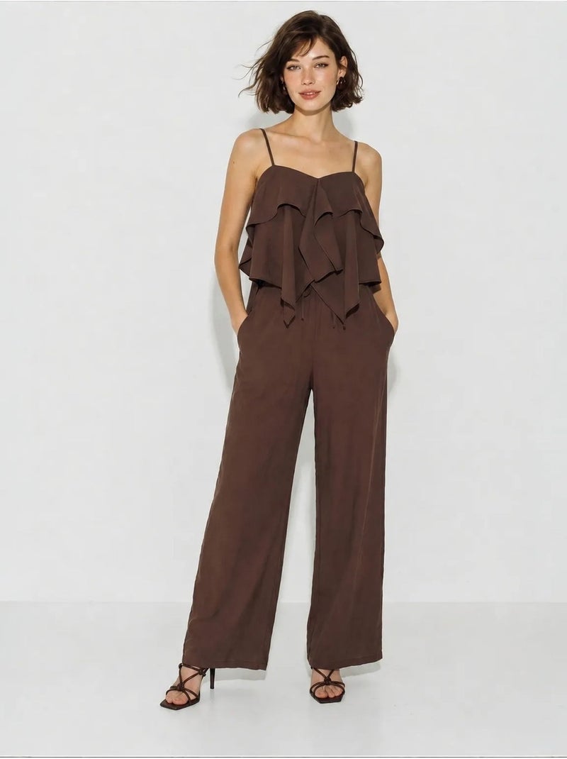 Ensemble blouse bustier et pantalon large à volants lucci Marron chocolat - Kiabi