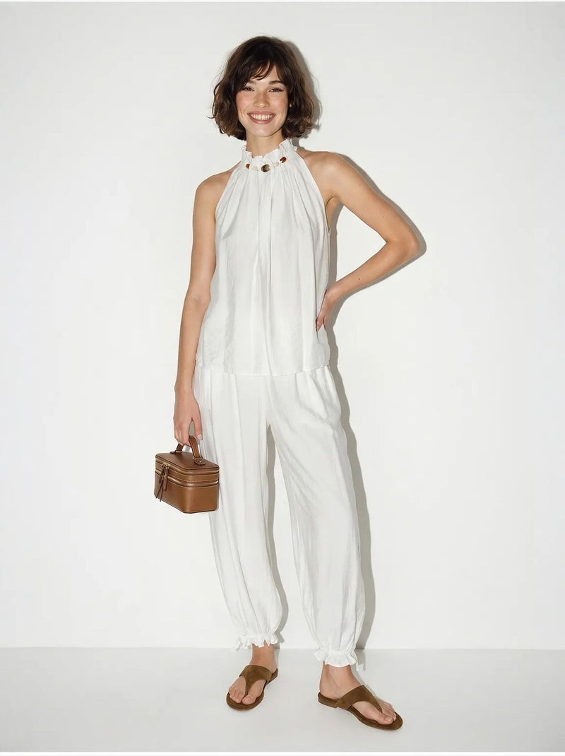 Ensemble blouse dos-nu et pantalon taille haute lucci Blanc - Kiabi