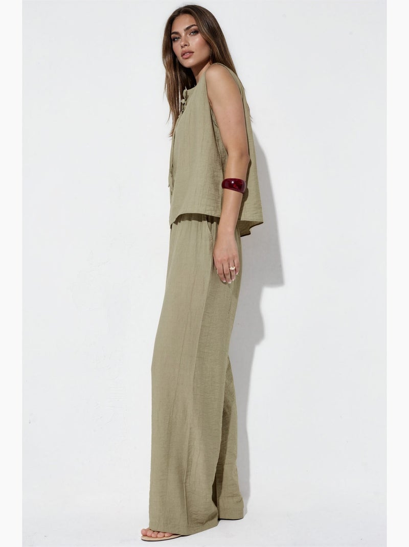 Ensemble blouse en mélange de viscose avec détail à nouer et pantalon à taille élastique hiccup Kaki - Kiabi