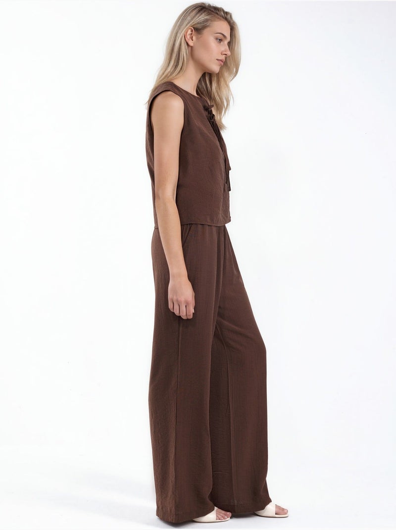 Ensemble blouse en mélange de viscose avec détail à nouer et pantalon à taille élastique hiccup Marron - Kiabi