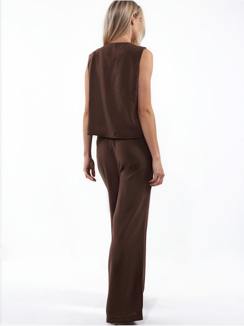 Ensemble blouse en mélange de viscose avec détail à nouer et pantalon à taille élastique hiccup Marron - Kiabi