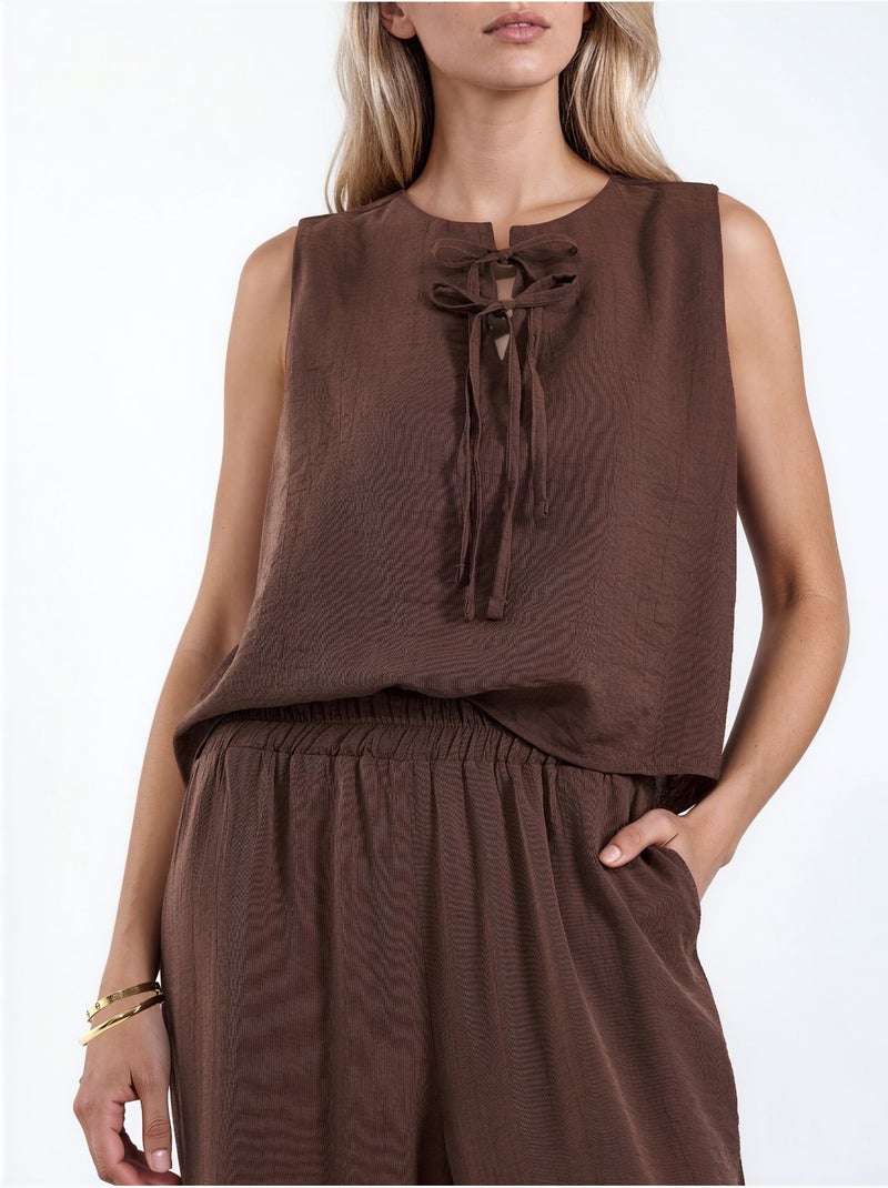 Ensemble blouse en mélange de viscose avec détail à nouer et pantalon à taille élastique hiccup Marron - Kiabi