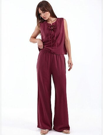 Ensemble blouse en mélange de viscose avec détail à nouer et pantalon à taille élastique