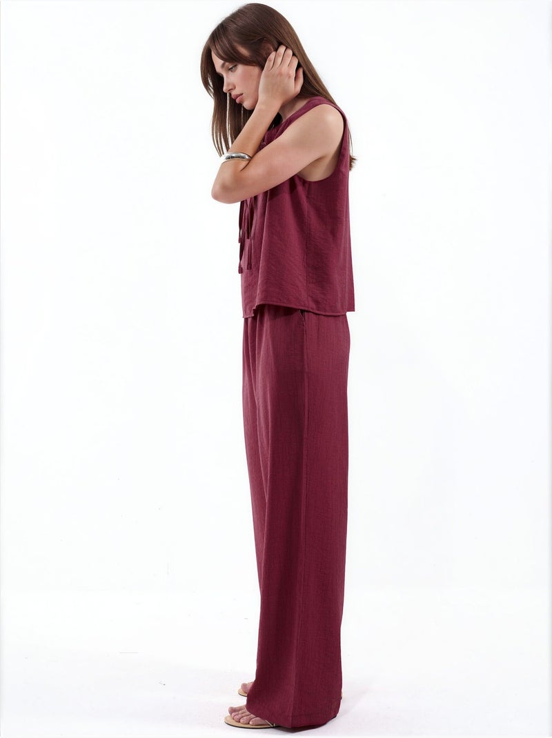 Ensemble blouse en mélange de viscose avec détail à nouer et pantalon à taille élastique Rouge grenat - Kiabi