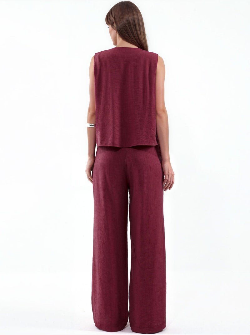 Ensemble blouse en mélange de viscose avec détail à nouer et pantalon à taille élastique Rouge grenat - Kiabi