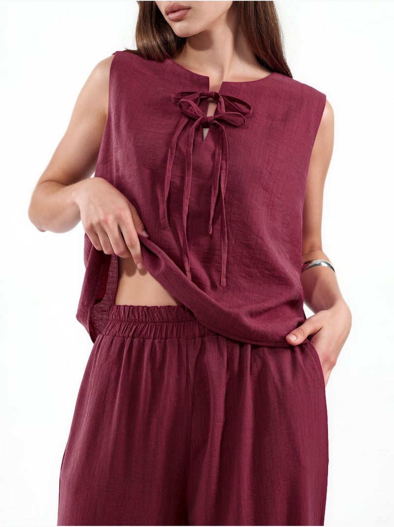 Ensemble blouse en mélange de viscose avec détail à nouer et pantalon à taille élastique Rouge grenat - Kiabi