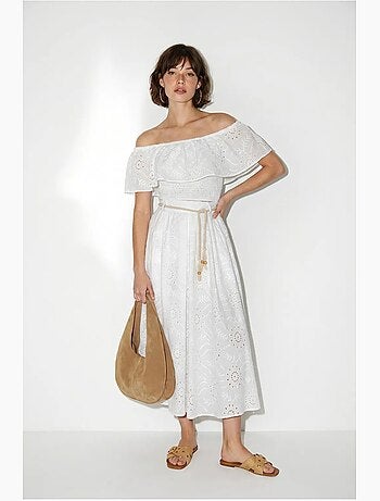 Ensemble blouse et jupe midi brodés, épaules dégagées lucci