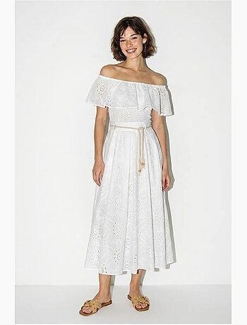 Ensemble blouse et jupe midi brodés, épaules dégagées lucci