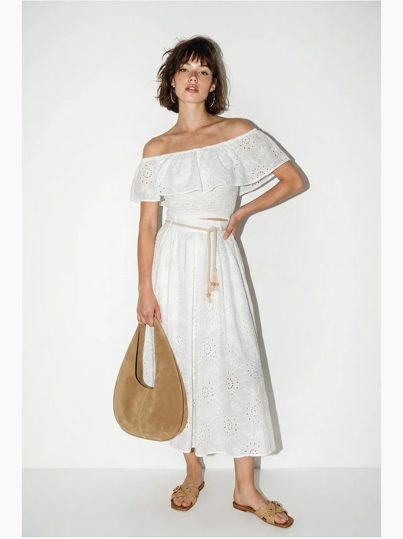 Ensemble blouse et jupe midi brodés, épaules dégagées lucci Blanc - Kiabi