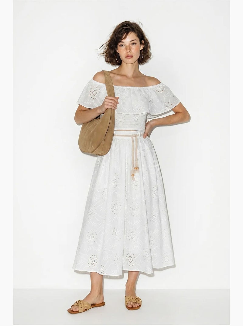 Ensemble blouse et jupe midi brodés, épaules dégagées lucci Blanc - Kiabi