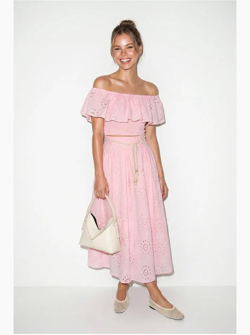 Ensemble blouse et jupe midi brodés, épaules dégagées lucci Rose - Kiabi