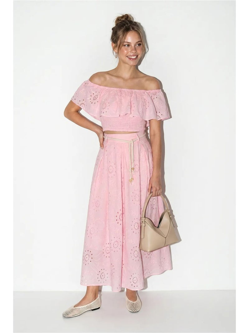 Ensemble blouse et jupe midi brodés, épaules dégagées lucci Rose - Kiabi