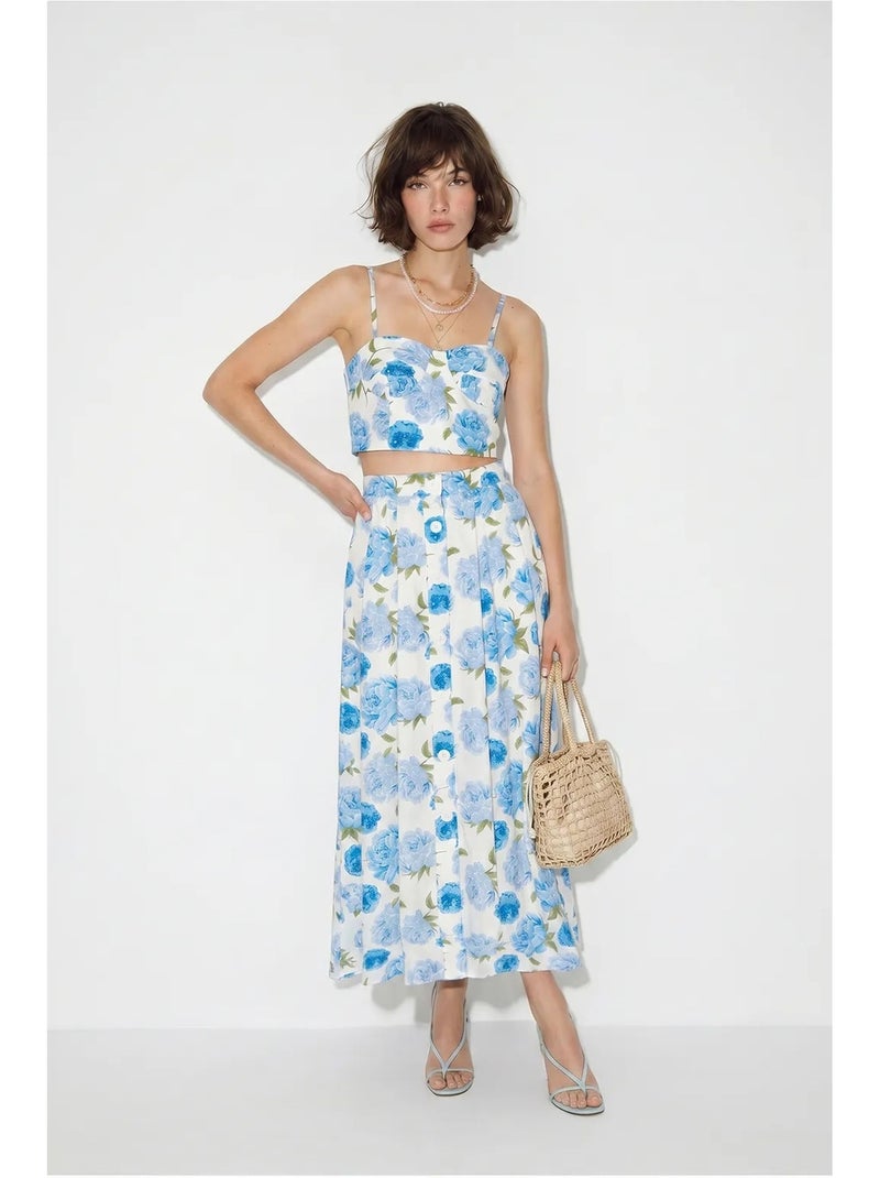 Ensemble blouse et jupe midi en coton fleuri lucci Blanc Bleu - Kiabi