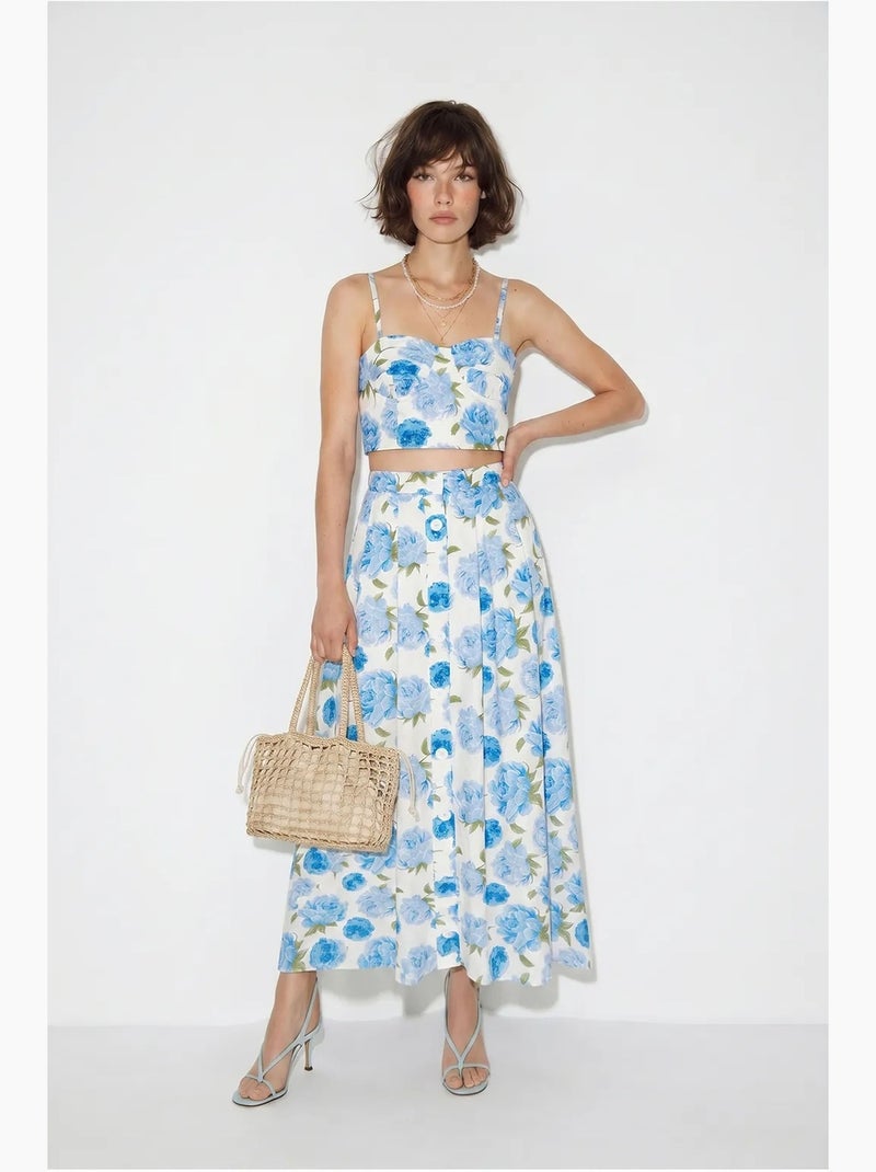 Ensemble blouse et jupe midi en coton fleuri lucci Blanc Bleu - Kiabi