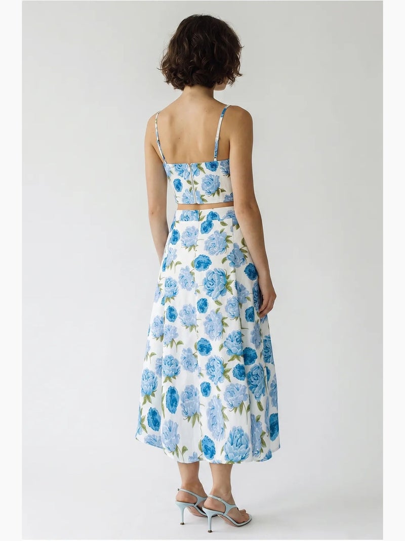Ensemble blouse et jupe midi en coton fleuri lucci Blanc Bleu - Kiabi